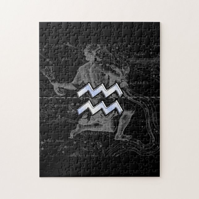 Chrome like Aquarius Sign on Hevelius Map Jigsaw Puzzle (Vertical)