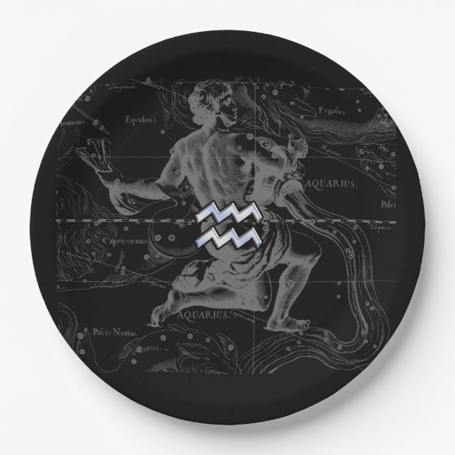 Chrome like Aquarius Zodiac Sign on Hevelius 1690 Paper Plate (Front)