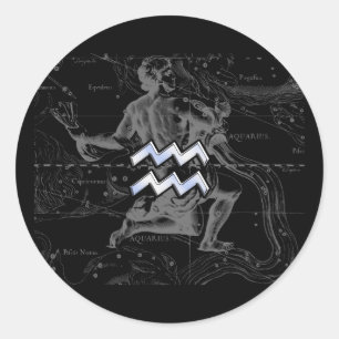 Chrome like Aquarius Zodiac Sign on Hevelius Classic Round Sticker