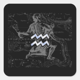 Chrome like Aquarius Zodiac Sign on Hevelius Square Sticker