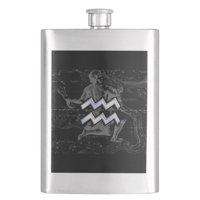 Chrome like Aquarius Zodiac Symbol on Hevelius Hip Flask (Front)