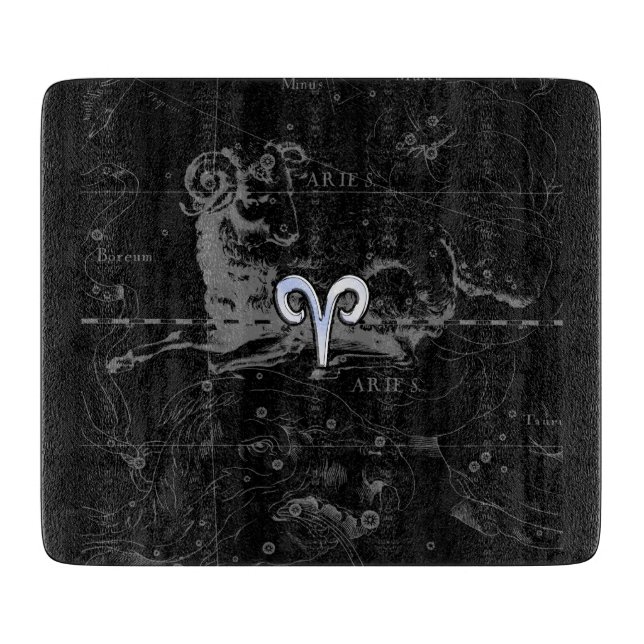 Chrome like Aries Zodiac Sign on Hevelius Black Cutting Board (Front)