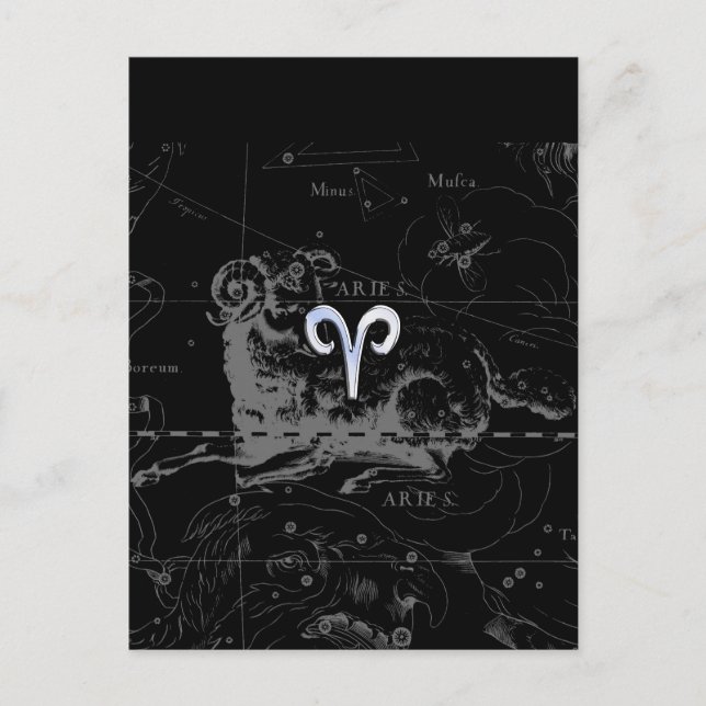 Chrome like Aries Zodiac Symbol on Hevelius 1690 Postcard (Front)