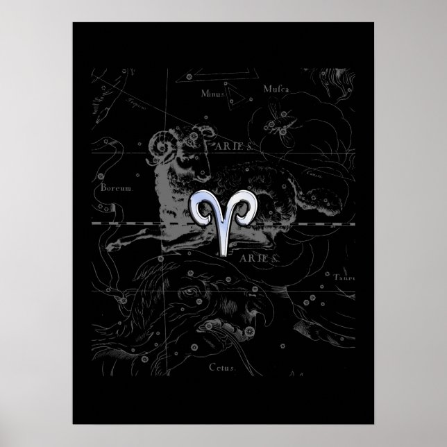 Chrome like Aries Zodiac Symbol on Hevelius Poster (Front)
