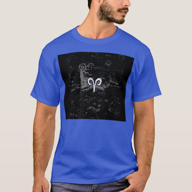 Chrome like Aries Zodiac Symbol on Hevelius T-Shirt (Front)