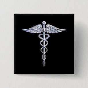 Chrome Like Caduceus Medical Symbol Black Decor 15 Cm Square Badge