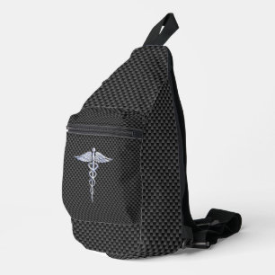Chrome Like Caduceus Medical Symbol Carbon Fiber Sling Bag