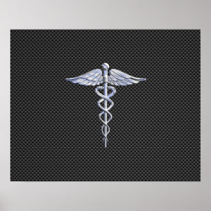 Chrome Like Caduceus Medical Symbol Carbon Fibre Poster