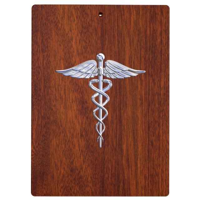 Chrome Like Caduceus Medical Symbol Mahogany Brown Clipboard (Back)