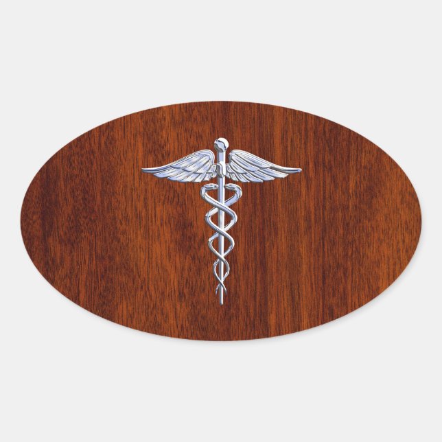 Chrome Like Caduceus Medical Symbol Mahogany Brown Oval Sticker (Front)