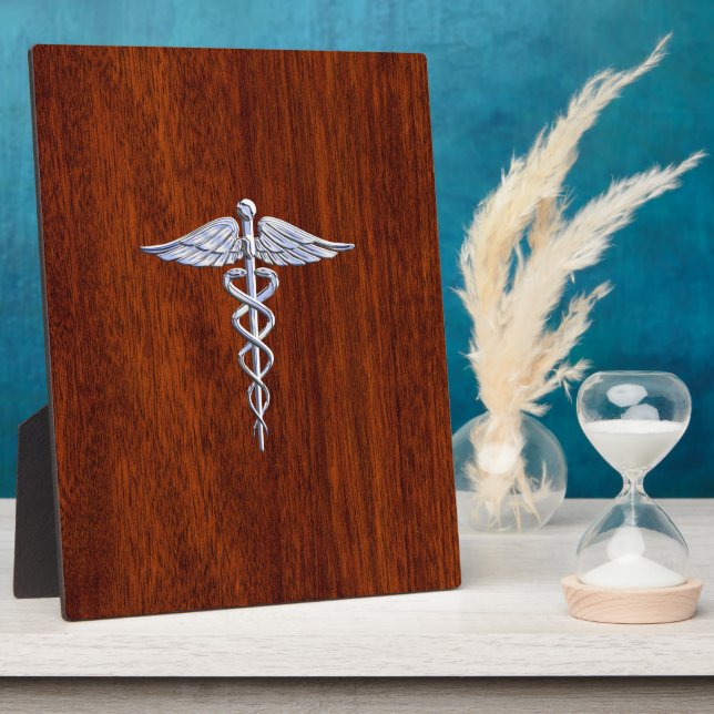 Chrome Like Caduceus Medical Symbol Mahogany Brown Plaque (Side)