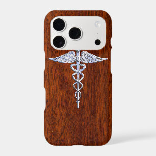 Chrome Like Caduceus Medical Symbol Mahogany Decor