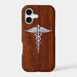 Chrome Like Caduceus Medical Symbol Mahogany Decor