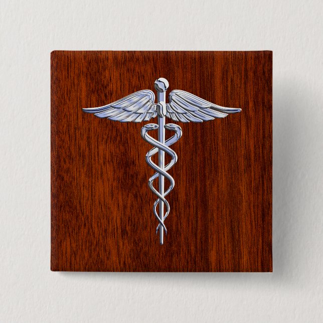 Chrome Like Caduceus Medical Symbol Mahogany Decor 15 Cm Square Badge (Front)