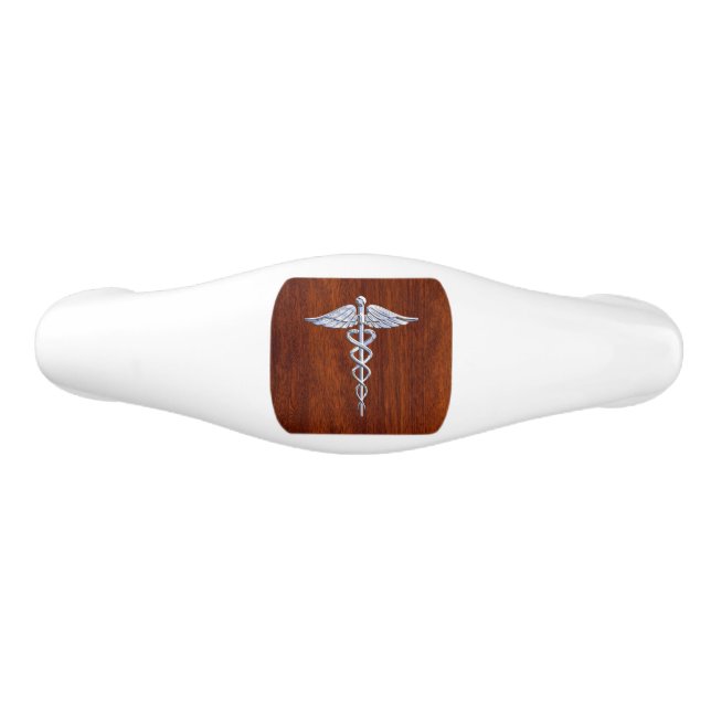Chrome Like Caduceus Medical Symbol Mahogany Decor Ceramic Drawer Pull (Front)
