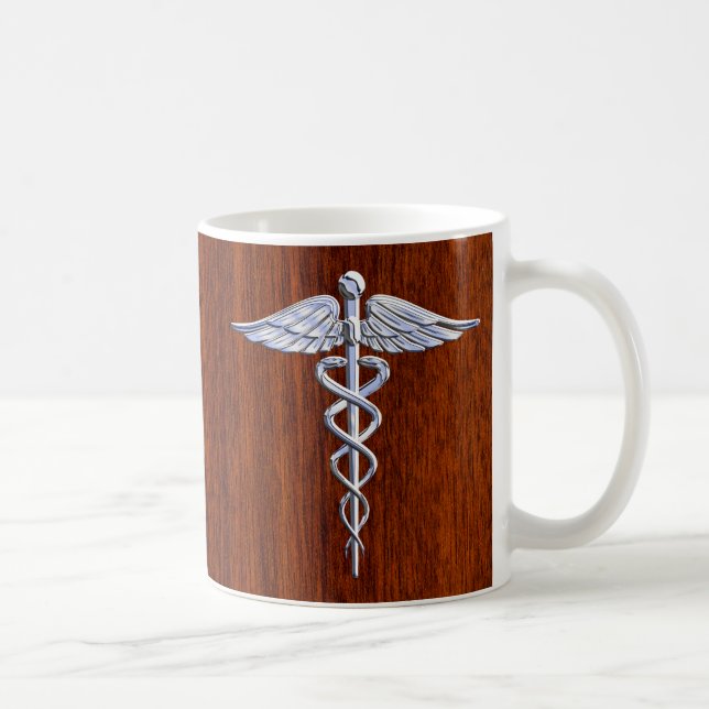 Chrome Like Caduceus Medical Symbol Mahogany Decor Coffee Mug (Right)