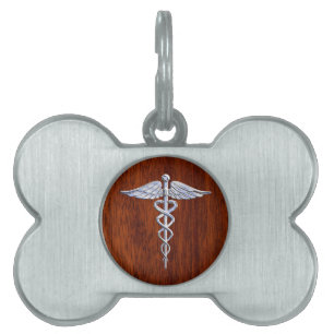 Chrome Like Caduceus Medical Symbol Mahogany Decor Pet ID Tag
