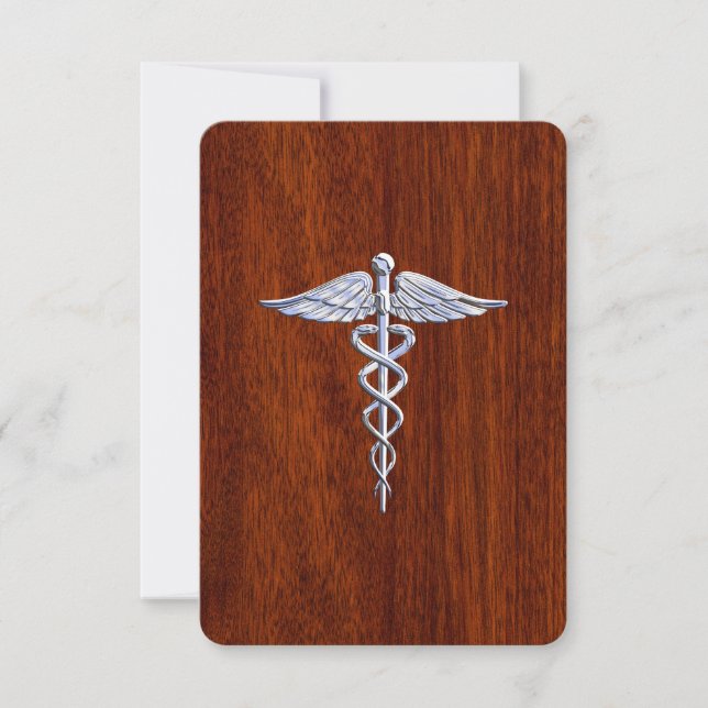 Chrome Like Caduceus Medical Symbol Mahogany Style (Front)