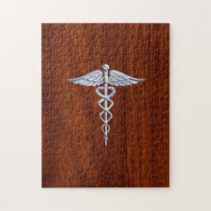 Chrome Like Caduceus Medical Symbol Mahogany Style Jigsaw Puzzle