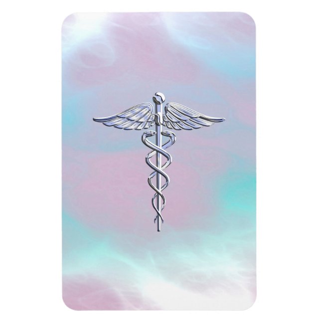 Chrome Like Caduceus Medical Symbol Mother Pearl Magnet (Vertical)