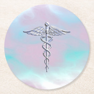 Chrome Like Caduceus Medical Symbol Mother Pearl Round Paper Coaster
