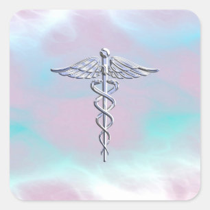 Chrome Like Caduceus Medical Symbol Mother Pearl Square Sticker