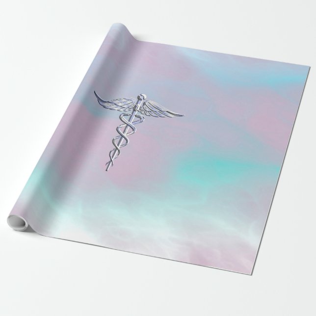 Chrome Like Caduceus Medical Symbol Mother Pearl Wrapping Paper (Unrolled)