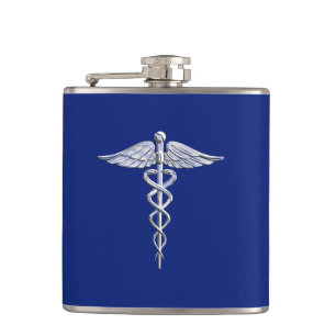 Chrome Like Caduceus Medical Symbol Navy Blue Deco Hip Flask