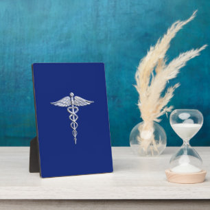 Chrome Like Caduceus Medical Symbol Navy Blue Deco Plaque