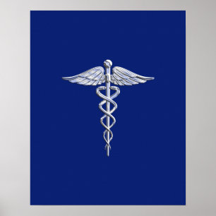 Chrome Like Caduceus Medical Symbol Navy Blue Deco Poster