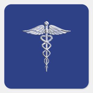 Chrome Like Caduceus Medical Symbol Navy Blue Deco Square Sticker