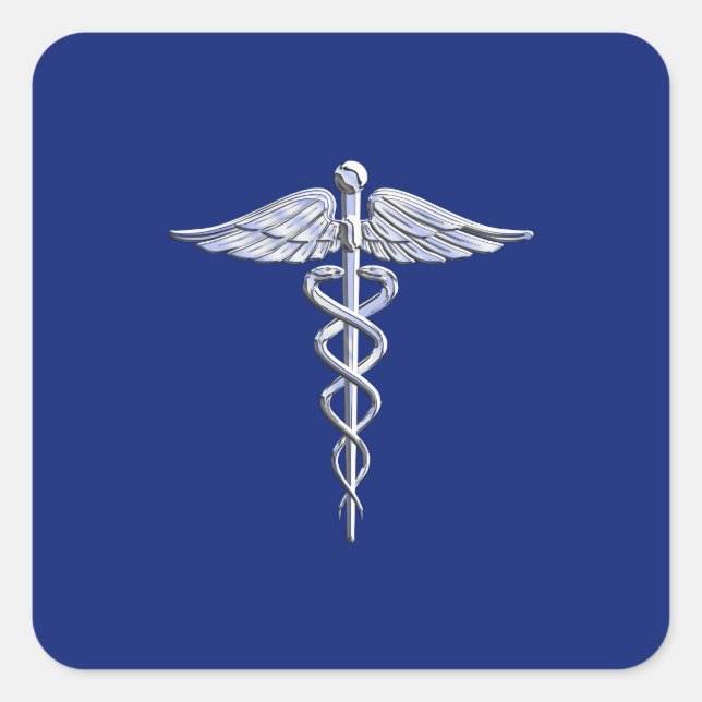 Chrome Like Caduceus Medical Symbol Navy Blue Deco Square Sticker (Front)