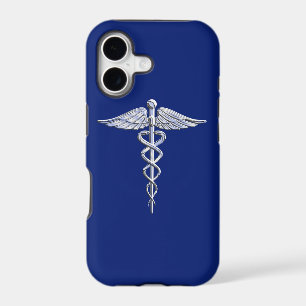 Chrome Like Caduceus Medical Symbol on Blue Decor