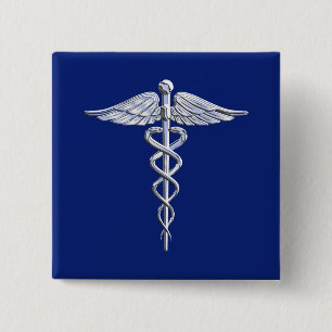 Chrome Like Caduceus Medical Symbol on Blue Decor 15 Cm Square Badge