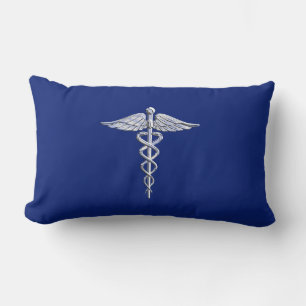 Chrome Like Caduceus Medical Symbol on Blue Decor Lumbar Cushion