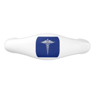 Chrome Like Caduceus Medical Symbol on Navy Blue Ceramic Drawer Pull