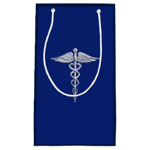 Chrome Like Caduceus Medical Symbol on Navy Blue Small Gift Bag