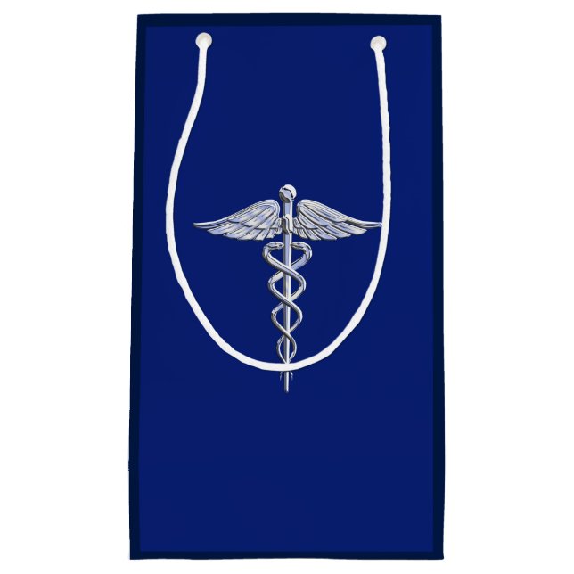 Chrome Like Caduceus Medical Symbol on Navy Blue Small Gift Bag (Front)