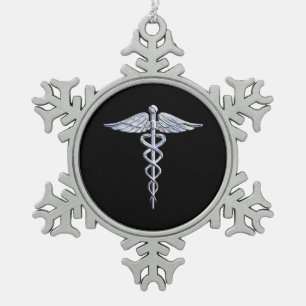 Chrome Like Caduceus Medical Symbol Snowflake Pewter Christmas Ornament