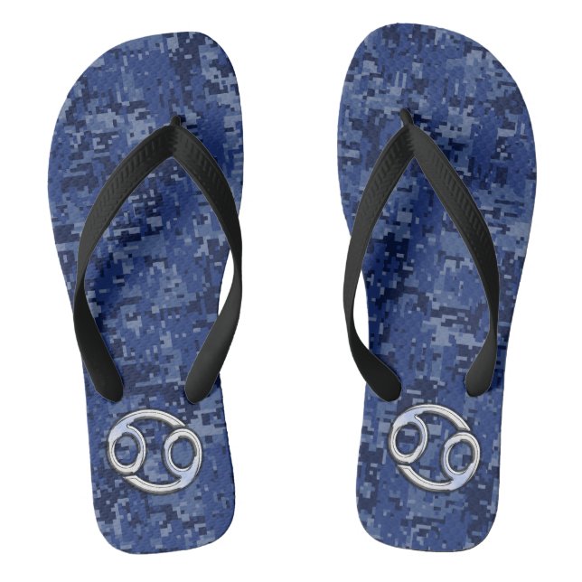 Chrome Like Cancer Sign on Blue Digital Camo Flip Flops (Footbed)