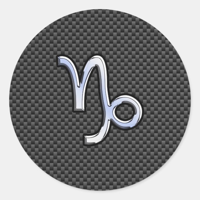 Chrome like Capricorn Zodiac Sign on Carbon Fibre Classic Round Sticker (Front)