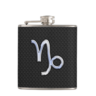 Chrome like Capricorn Zodiac Symbol on Snake Skin Hip Flask