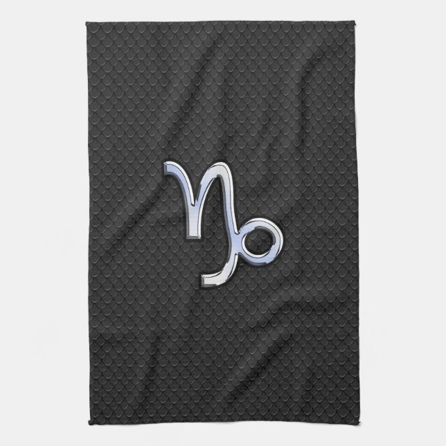 Chrome like Capricorn Zodiac Symbol on Snake Skin Tea Towel (Vertical)