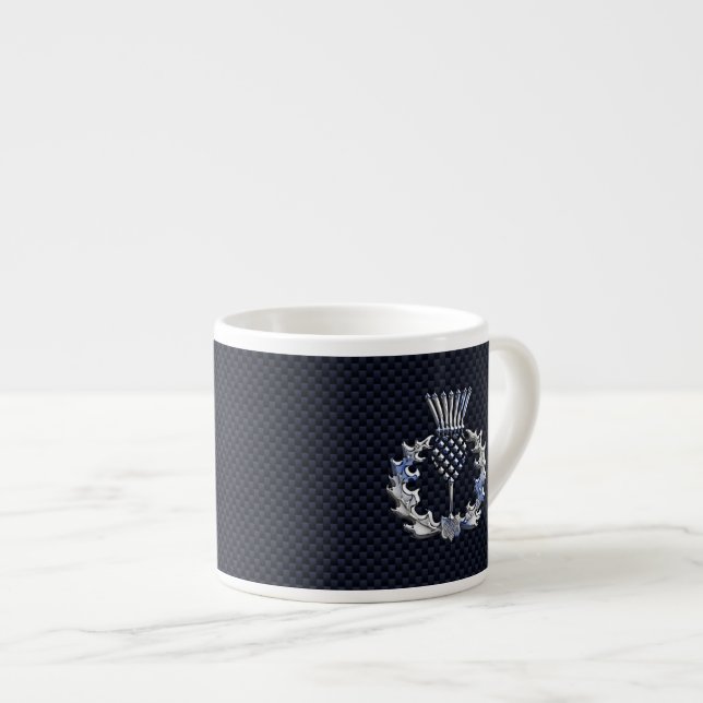 Chrome Like Carbon Fibre Print Scottish Thistle Espresso Cup (Front Right)