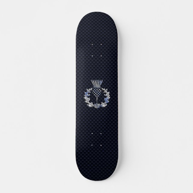 Chrome Like Carbon Fibre Print Scottish Thistle Skateboard (Front)