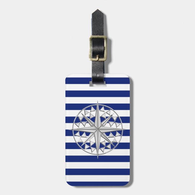 Chrome Like Compass on Nautical Stripes Luggage Tag (Front Vertical)