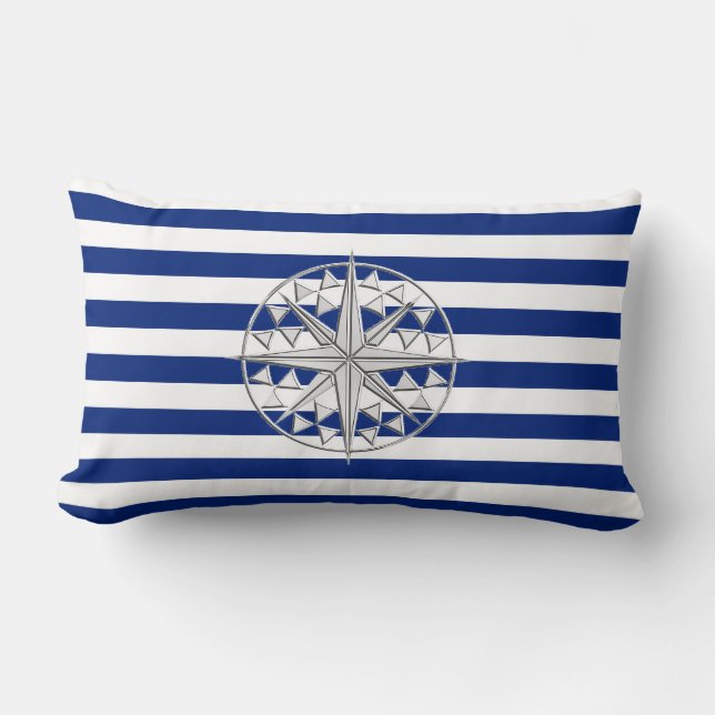 Chrome Like Compass on Nautical Stripes Lumbar Cushion (Front)