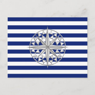 Chrome Like Compass on Nautical Stripes Postcard