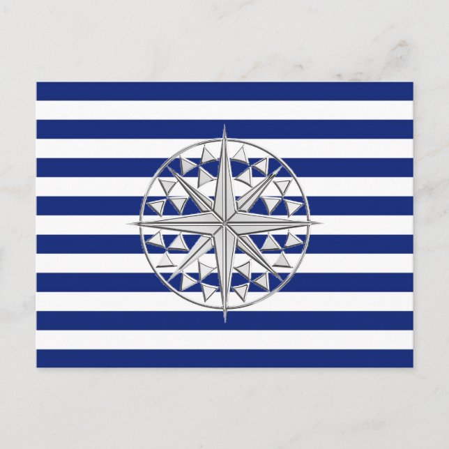 Chrome Like Compass on Nautical Stripes Postcard (Front)