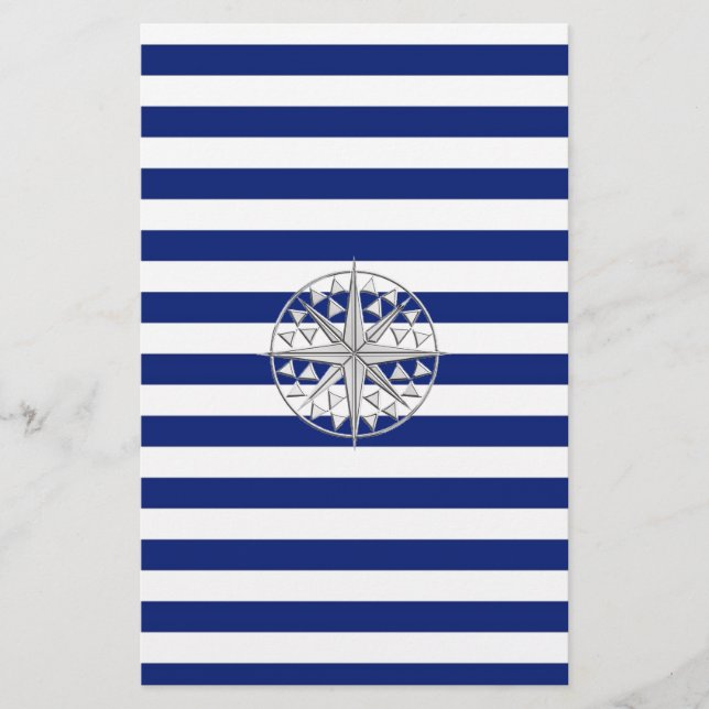 Chrome Like Compass on Nautical Stripes Stationery (Front)
